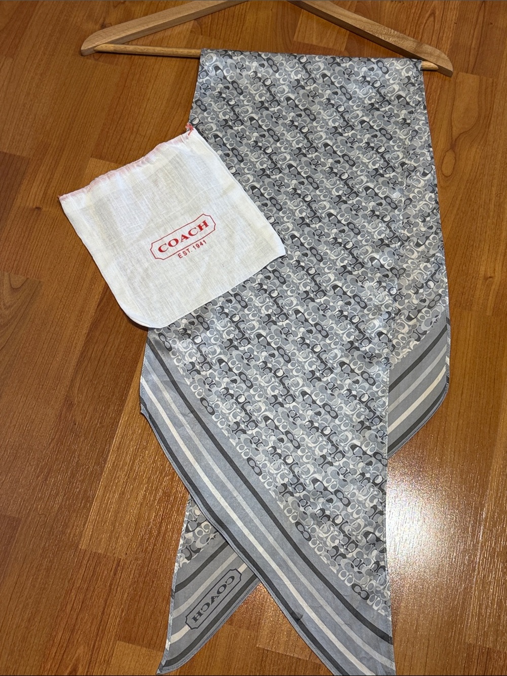 Coach Gray Logo-Pattern Silk Scarf with Striped Border
